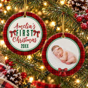 Red Bow Baby's First Christmas Photo Ceramic Tree Decoration