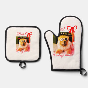 Red bow best dog mum dad photo dog/pet name oven mitt & pot holder set