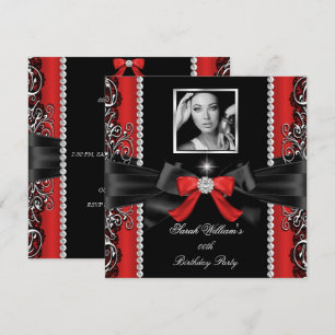 Red Bow Birthday Party Black Silver Photo Invitation