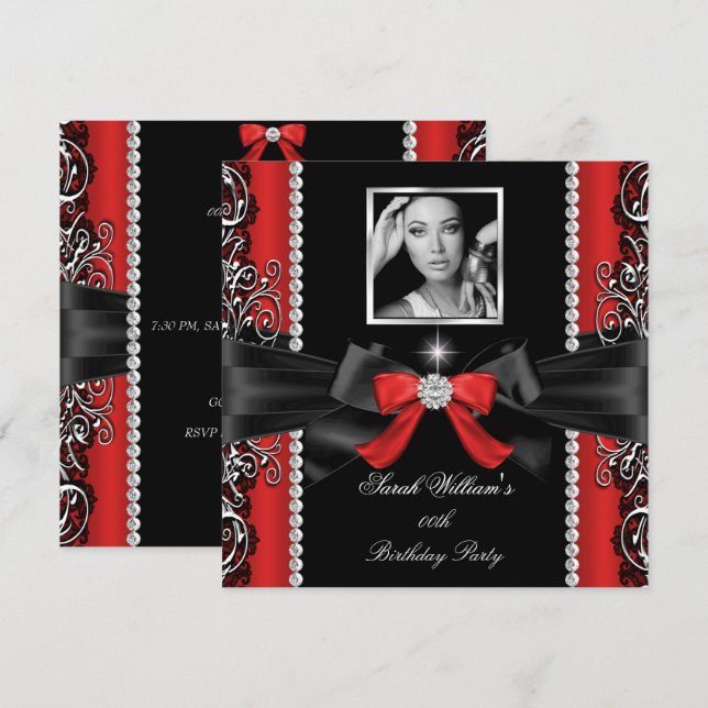 Red Bow Birthday Party Black Silver Photo Invitation (Front/Back)