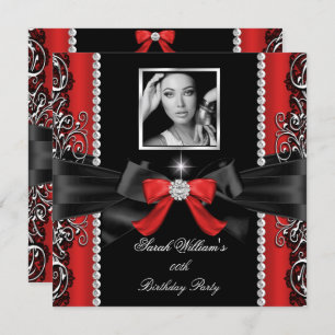 Red Bow Birthday Party Black Silver Photo Invitation