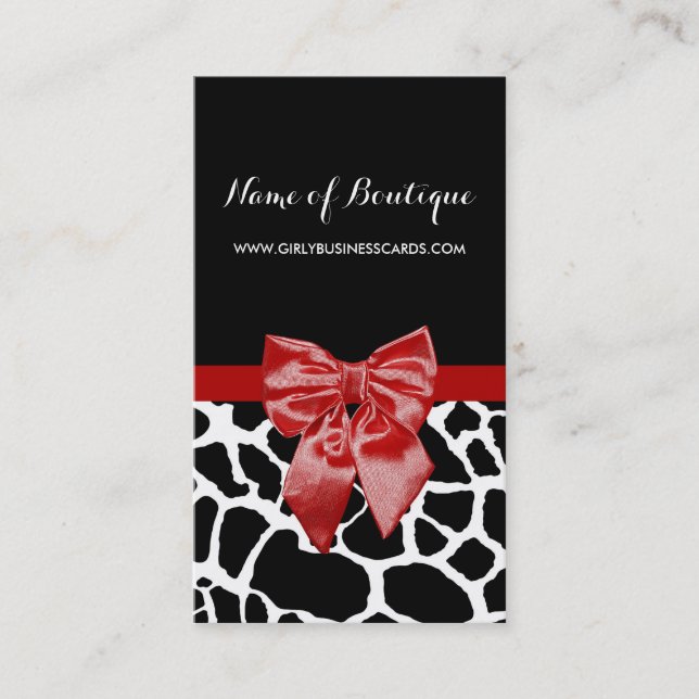 Red Bow Black and Whtie Giraffe Boutique Business Card (Front)
