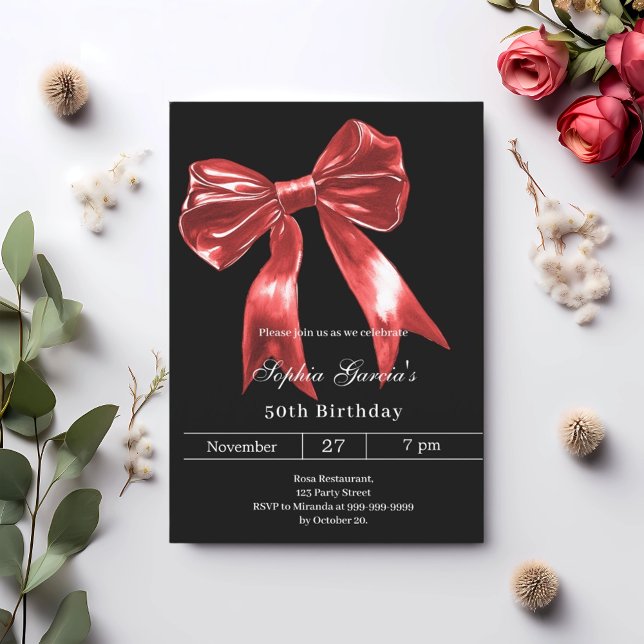 Red bow black birthday invitation (Creator Uploaded)