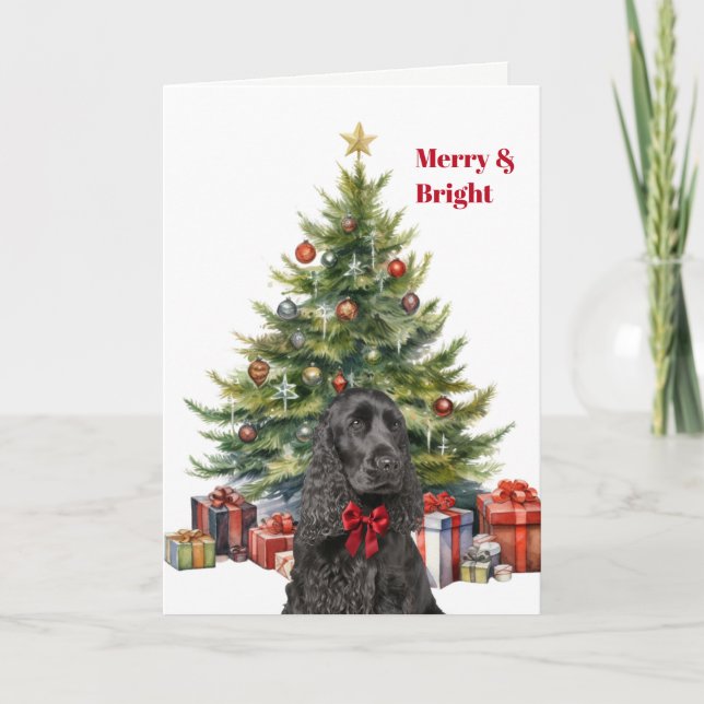 Red Bow Black Cocker Spaniel Dog Christmas Tree Holiday Card (Front)