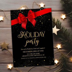 Red Bow Black & Gold Glitter Holiday Invitation