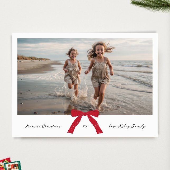 RED bow BLACK ink merriest christmas photo Holiday Card (Creator Uploaded)