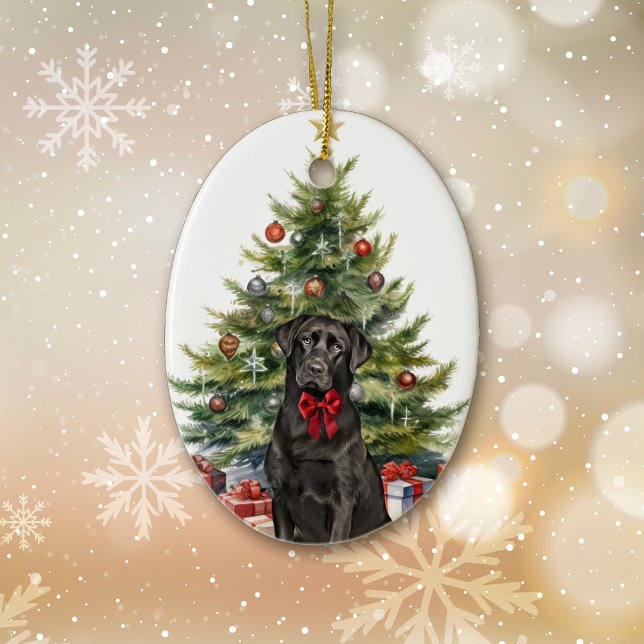 Red Bow Black Labrador Retriever Christmas Ceramic Tree Decoration (Creator Uploaded)