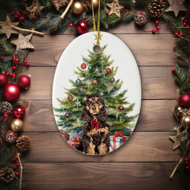 Red Bow Black Tan Cocker Spaniel Dog Ceramic Tree Decoration (Creator Uploaded)