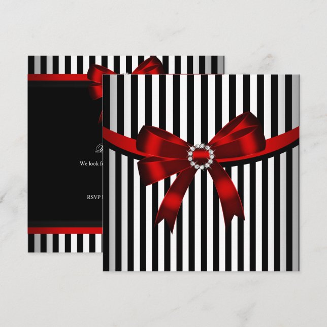 Red Bow Black White Stripe Birthday Party (3) Invitation (Front/Back)