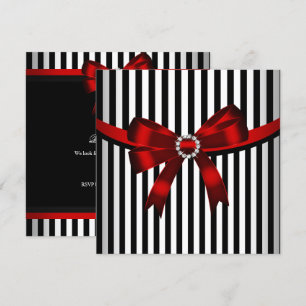 Red Bow Black White Stripe Birthday Party (3) Invitation