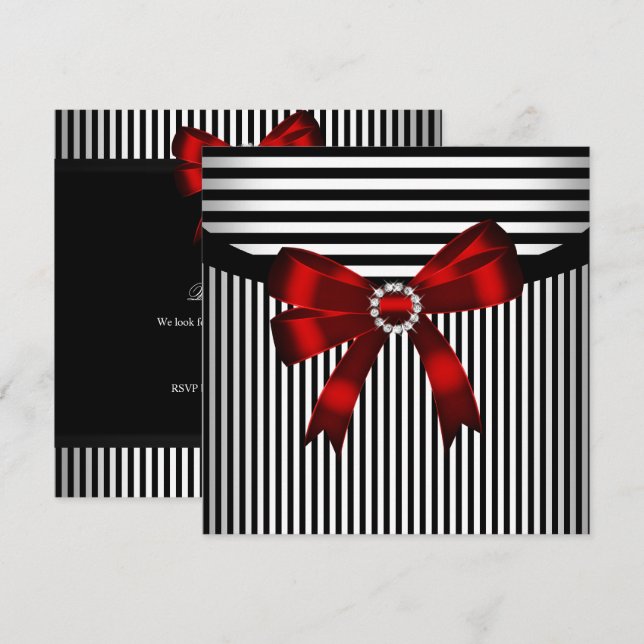 Red Bow Black White Stripe Birthday Party Invitation (Front/Back)