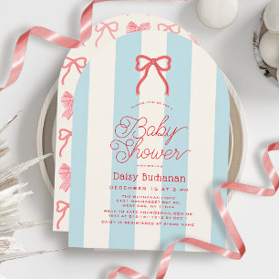 Red Bow & Blue Stripes Baby Shower Invitation