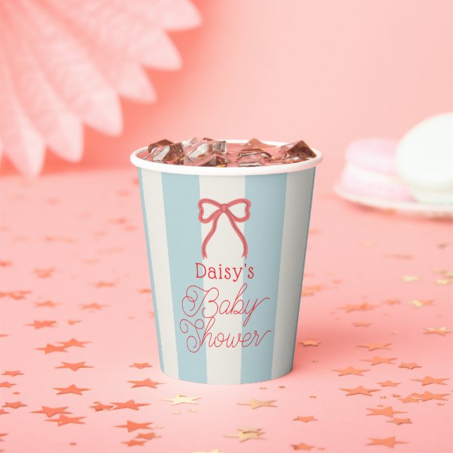 Red Bow & Blue Stripes Baby Shower Paper Cups (Insitu)