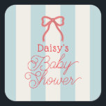 Red Bow & Blue Stripes Baby Shower Square Sticker<br><div class="desc">This coquette baby shower sticker features a red bow on a cream background with light blue stripes. Personalize it for your needs. You can find matching products at my store.</div>