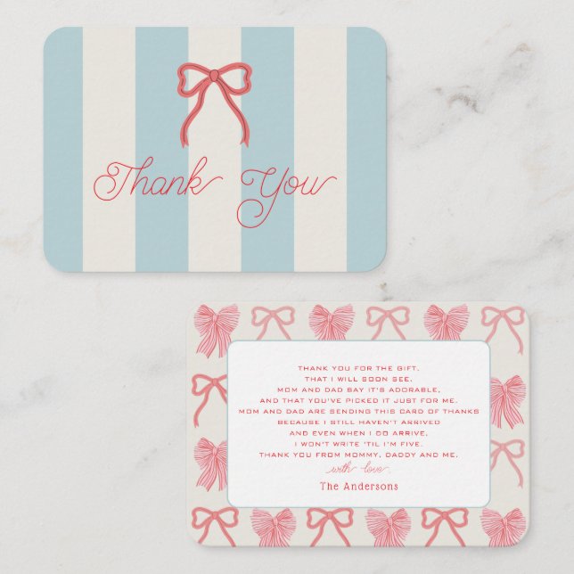 Red Bow & Blue Stripes Baby Shower Thank You Card (Front/Back)