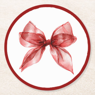 Red Bow Border Bridal Shower Round Paper Coaster