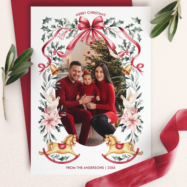 Red Bow Botanical Christmas Rocking Horse Photo Holiday Card (Creator Uploaded)