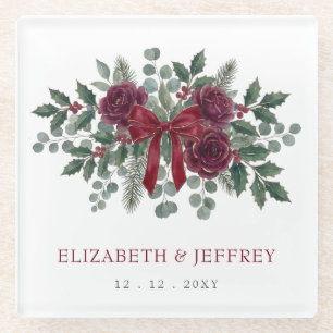 Red Bow Botanical Floral Winter Christmas Wedding Glass Coaster