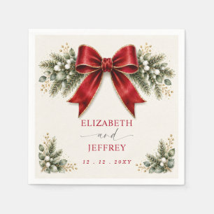 Red Bow Botanical Floral Winter Christmas Wedding Napkin