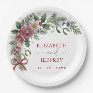 Red Bow Botanical Floral Winter Christmas Wedding Paper Plate