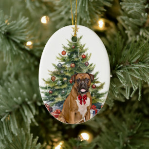 Red Bow Boxer Dog Christmas Ceramic Tree Decoration