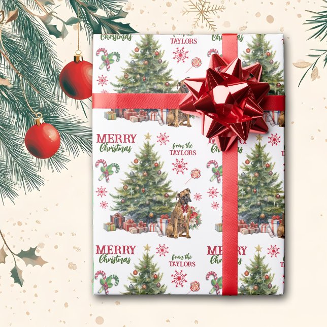 Red Bow Boxer Dog Holiday Tree Wrapping Paper (Creator Uploaded)