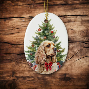 Red Bow Buff Blonde Cocker Spaniel Dog Ceramic Tree Decoration