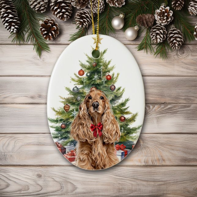 Red Bow Buff Cocker Spaniel Dog Christmas Ceramic Tree Decoration (Creator Uploaded)
