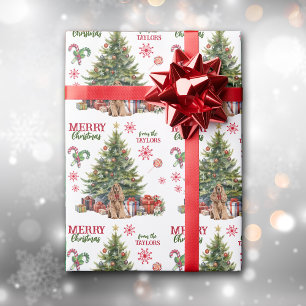 Red Bow Buff Cocker Spaniel Dog Holiday Tree Wrapping Paper