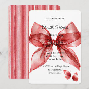 Red Bow Butterflies Stripes Bridal Shower Invitation
