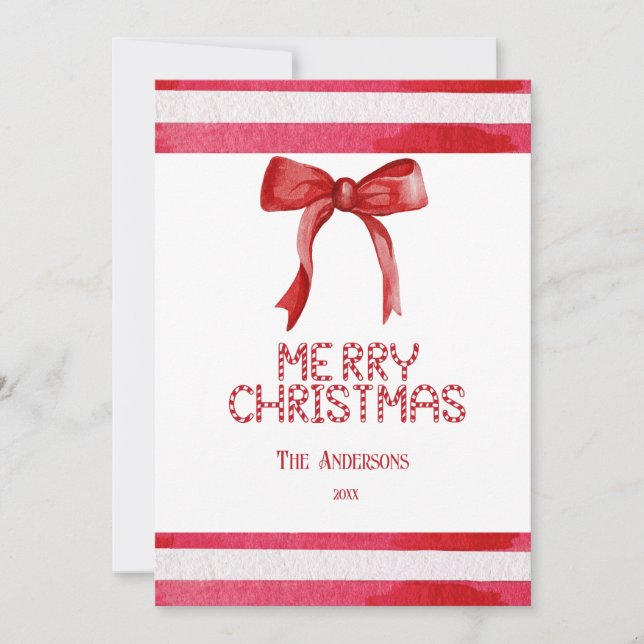 Red Bow Candy Cane Coquette Merry Chrismas  Holiday Card (Front)