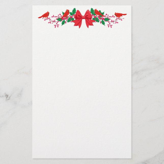 Red Bow Cardinals Top Border Holiday Stationery (Front)