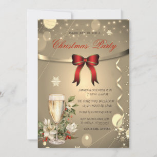 Red Bow,Champagne Poinsettia Company Christmas  Invitation