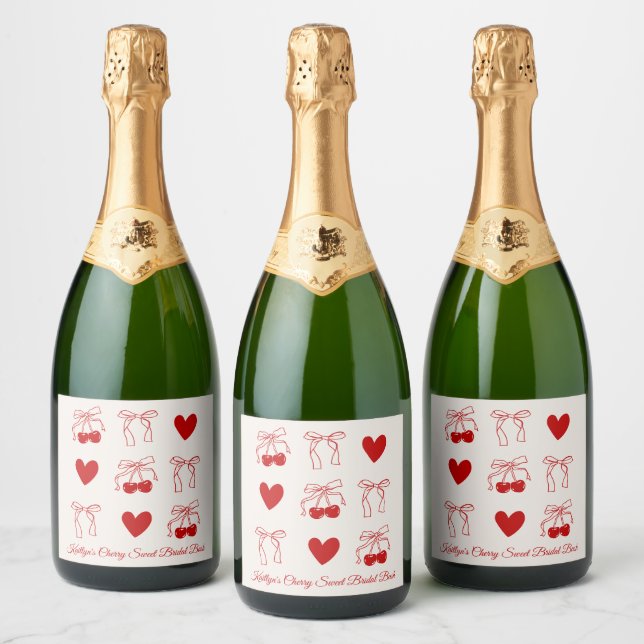 Red Bow Cherry Sweet Bridal Shower Champagne Label (Bottles)
