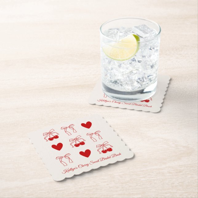 Red Bow Cherry Sweet Bridal Shower Paper Coaster (Insitu)