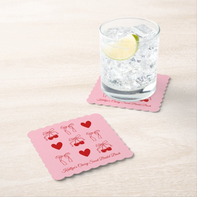 Red Bow Cherry Sweet Bridal Shower Paper Coaster (Insitu)
