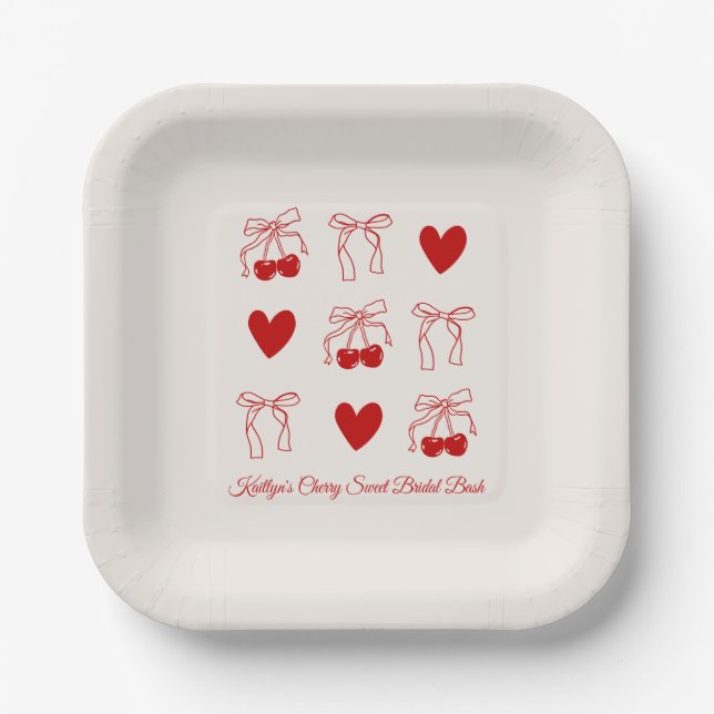Red Bow Cherry Sweet Bridal Shower Paper Plates (Front)