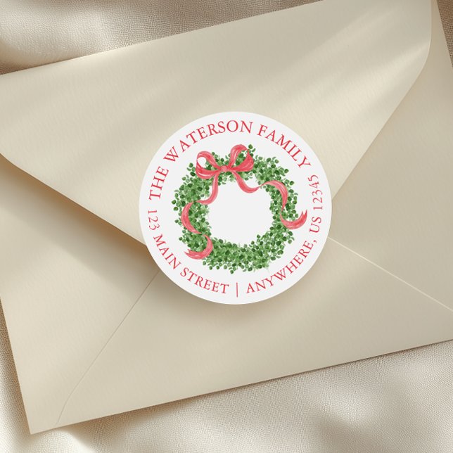 Red Bow Christmas Boxwood Wreath Address Classic Round Sticker (Creator Uploaded)