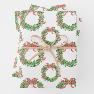 Red Bow Christmas Boxwood Wreath Wrapping Paper Sheet