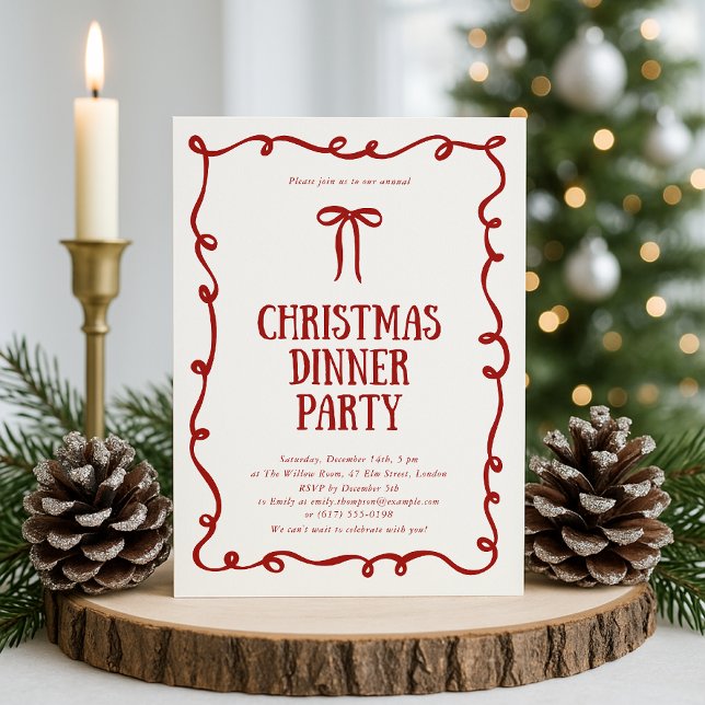 Red Bow Christmas Dinner Party Invitation (Creator Uploaded)