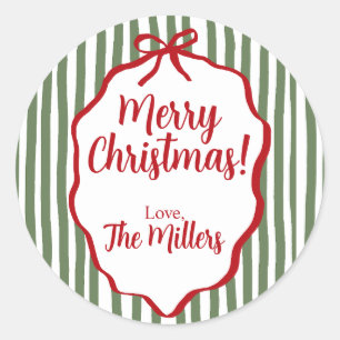 Red Bow Christmas, Green Stripe Custom Classic Round Sticker