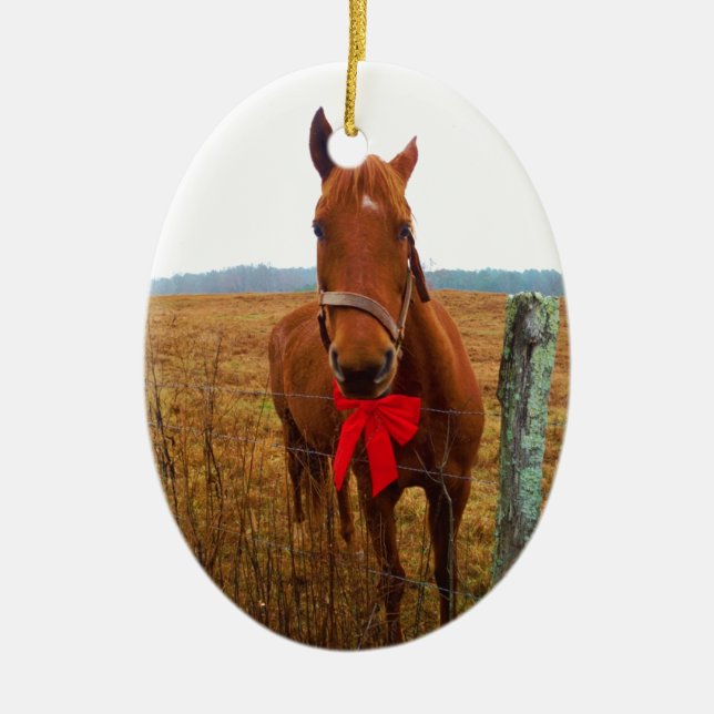 Red bow Christmas Horse Ceramic Tree Decoration (Front)