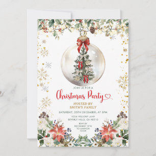 Red Bow Christmas Party Ornament Holiday Floral Invitation