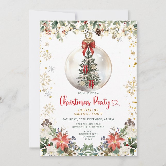 Red Bow Christmas Party Ornament Holiday Floral Invitation (Front)
