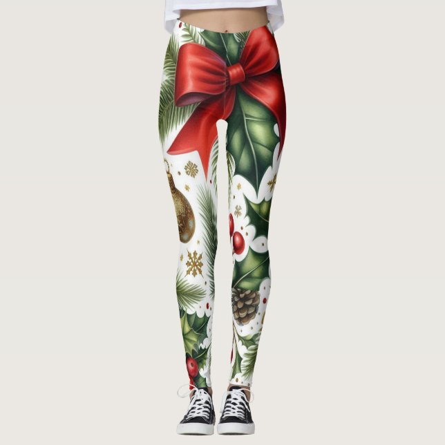 Red Bow Christmas Pattern on White  Leggings (Front)