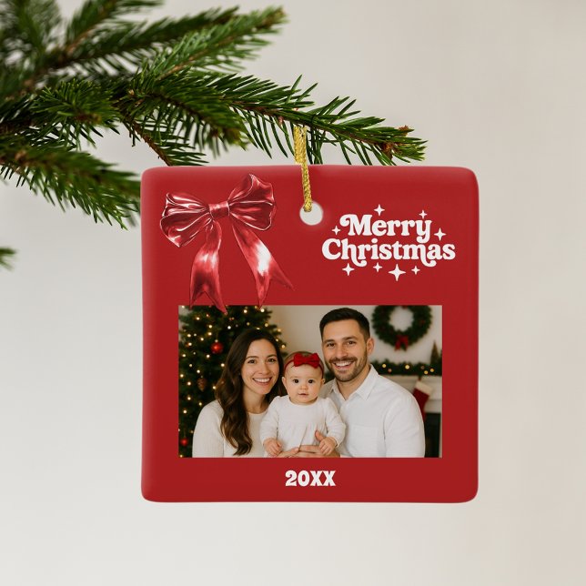 Red bow Christmas photo Ceramic Ornament (Creator Uploaded)