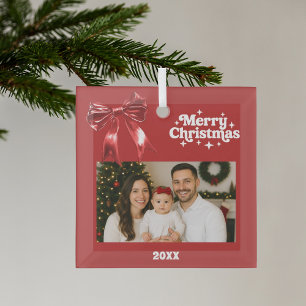 Red bow Christmas photo Glass Tree Decoration