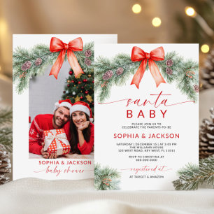 Red Bow Christmas Santa Baby Shower Invitation