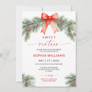 Red Bow Christmas Sweet 16 Birthday Invitation