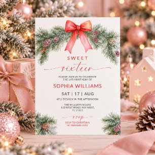 Red Bow Christmas Sweet 16 Birthday Invitation